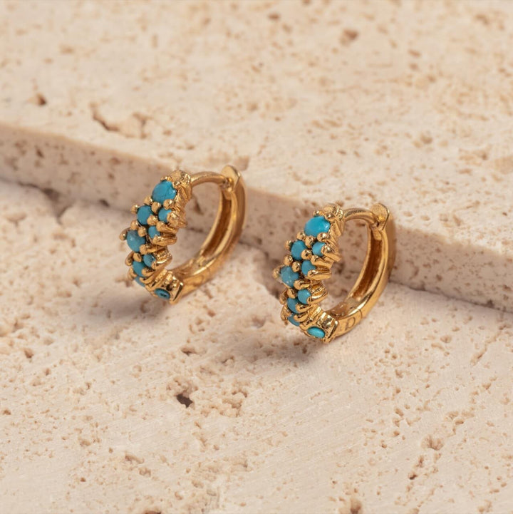 Turquoise CZ and 18k Gold Vermeil Scattered Stone Huggie Hoop Earrings 