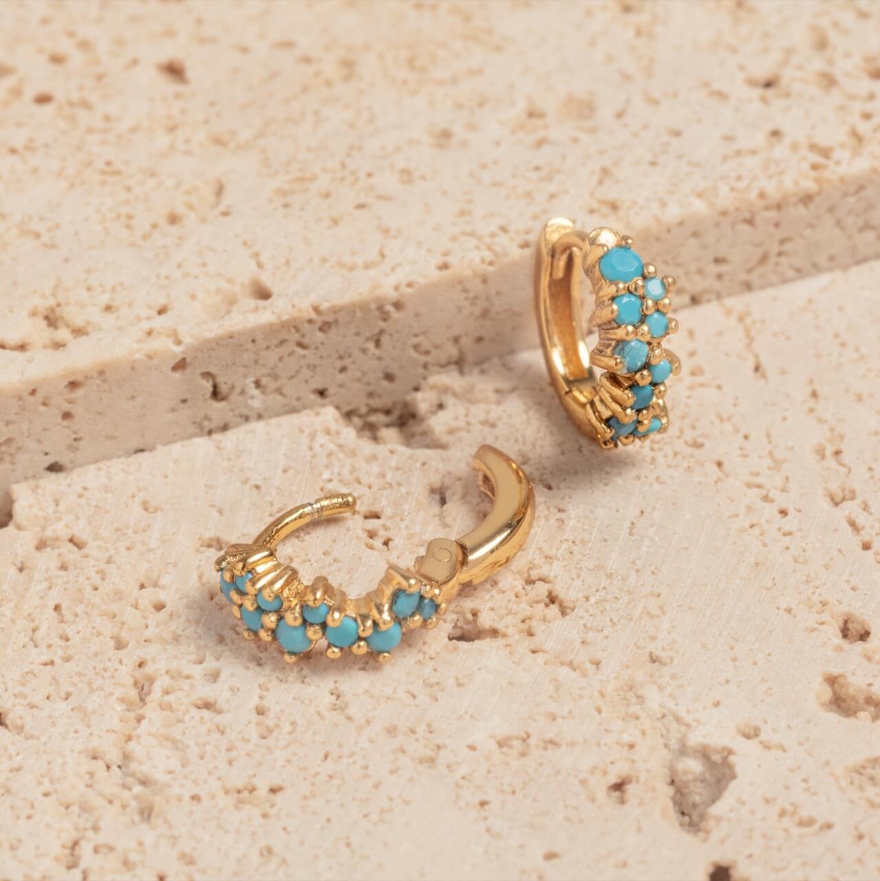 Turquoise CZ and 18k Gold Vermeil Scatter Huggie Hoop Earrings - open clasp