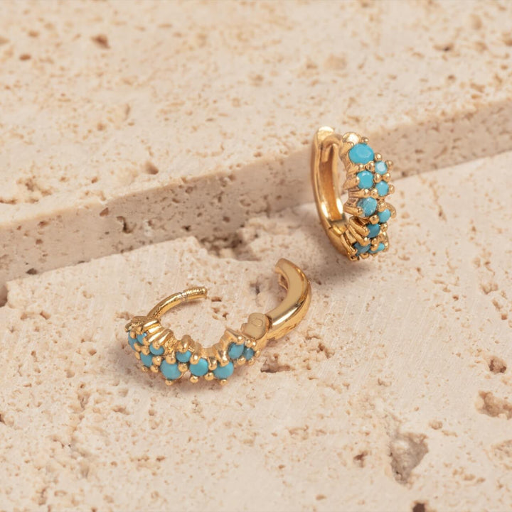 Turquoise CZ and 18k Gold Vermeil Scatter Huggie Hoop Earrings - open clasp