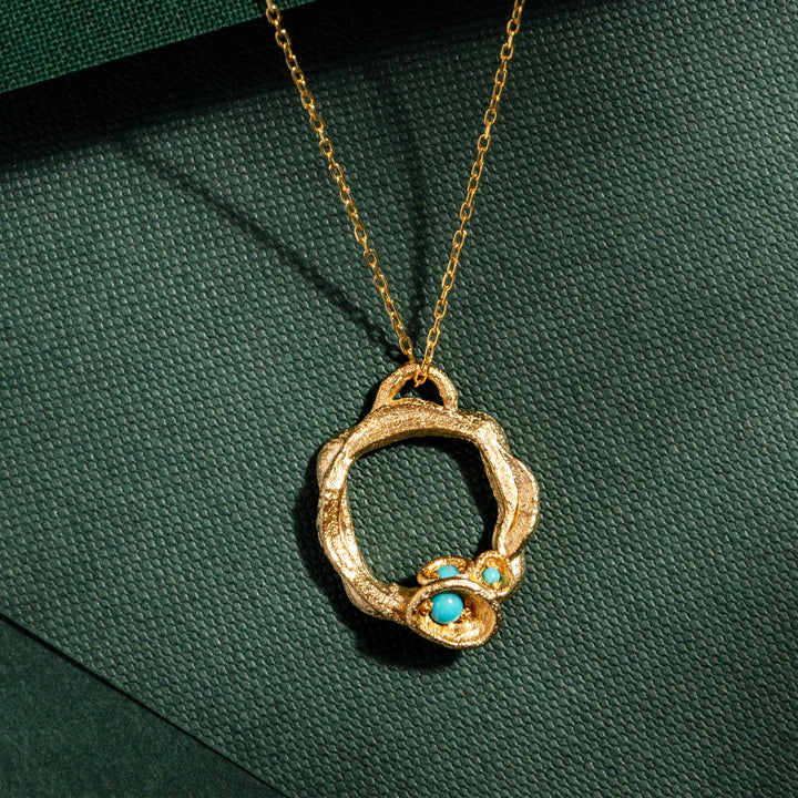 Turquoise and Gold Branch Birthstone Circle Necklace - Large