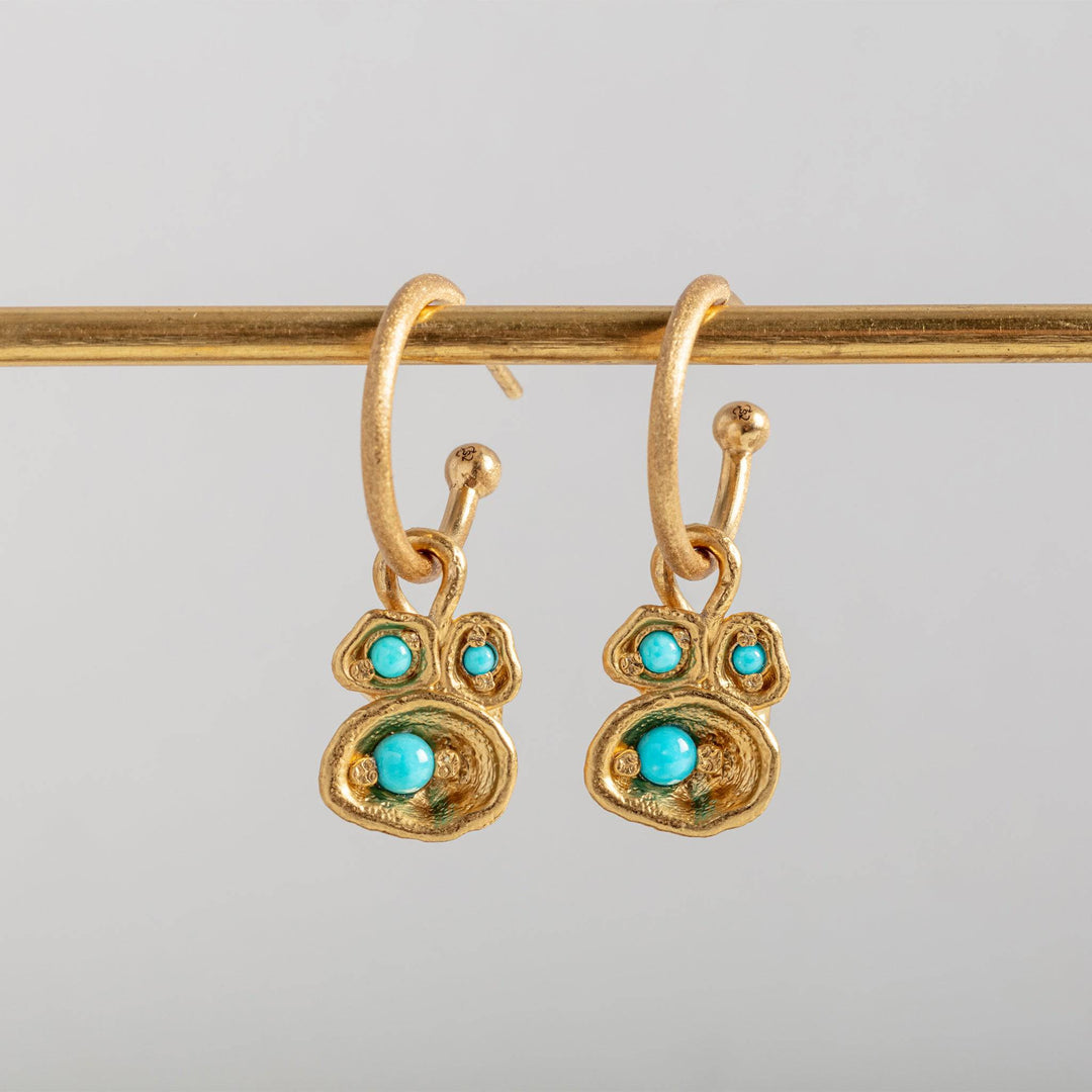 Turquoise and Gold Lichen Birthstone Hoop Earrings