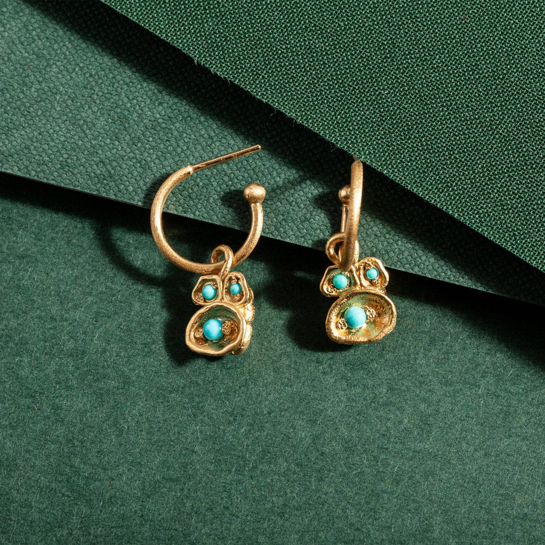 Turquoise and Gold Lichen Birthstone Hoop Earrings