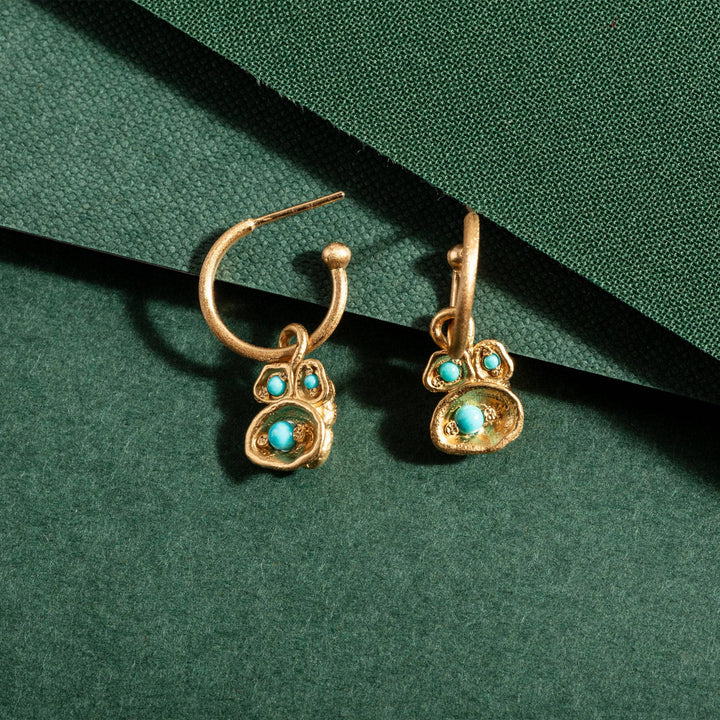 Turquoise and Gold Lichen Birthstone Hoop Earrings