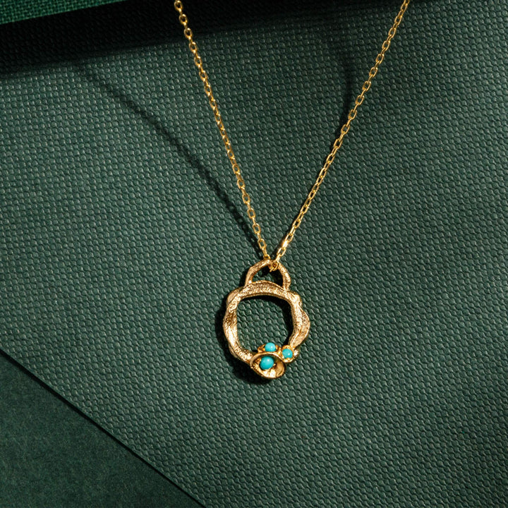 Turquoise and Gold Branch Birthstone Circle Necklace - Small