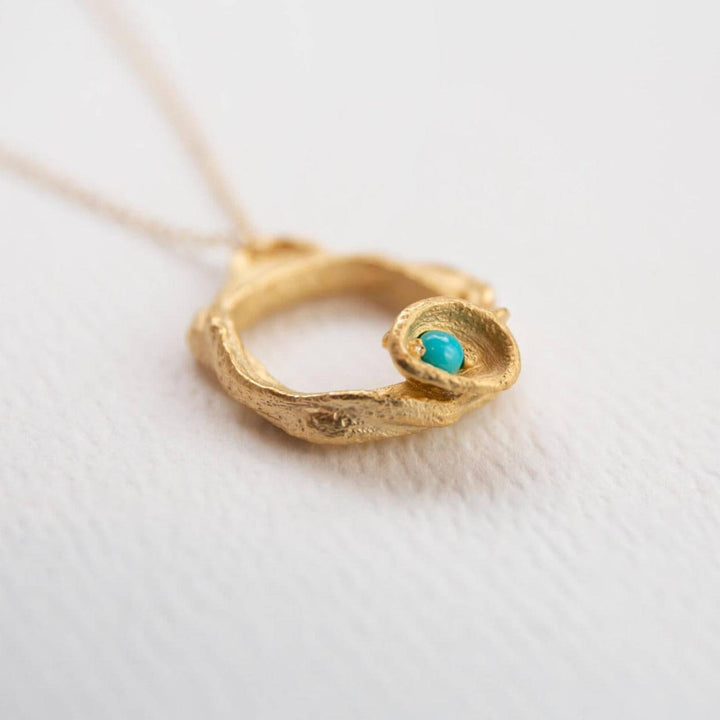 Turquoise and Gold Branch Circle Necklace - Small - close up