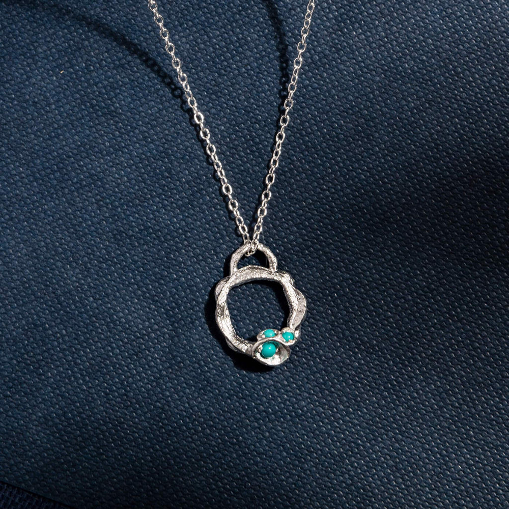 Turquoise and Silver Branch Birthstone Circle Necklace - Small