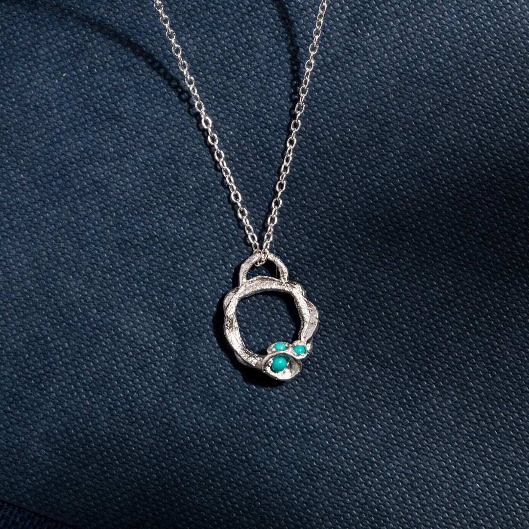Turquoise and Silver Branch Birthstone Circle Necklace - Small