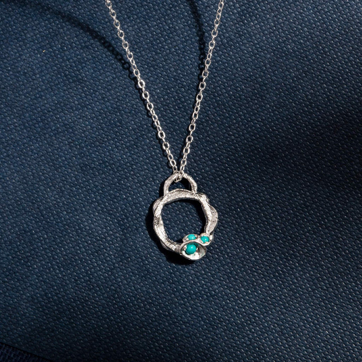 Turquoise and Silver Branch Birthstone Circle Necklace - Small