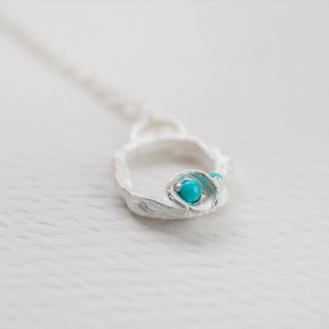 Turquoise and Silver Branch Birthstone Circle Necklace - Small. - close up
