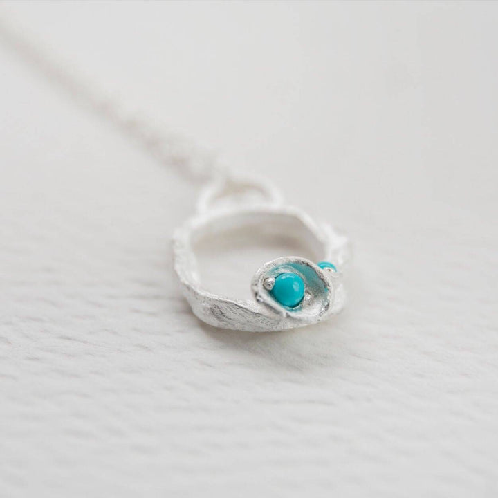 Turquoise and Silver Branch Birthstone Circle Necklace - Small. - close up