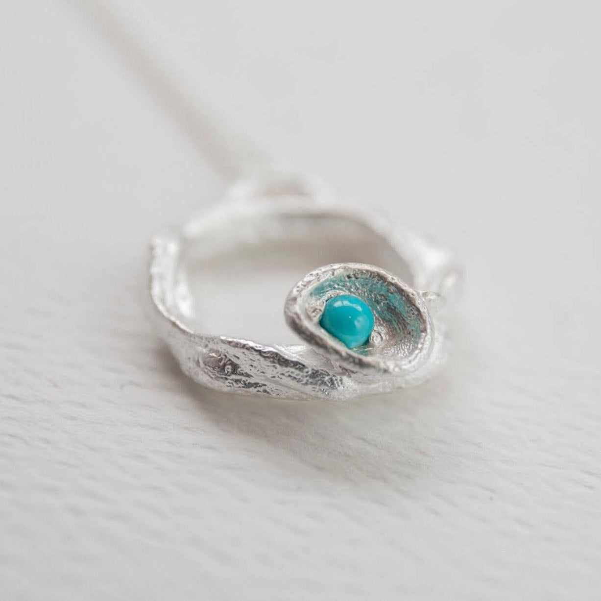 Turquoise and Silver Branch Birthstone Circle Necklace - Large -close up