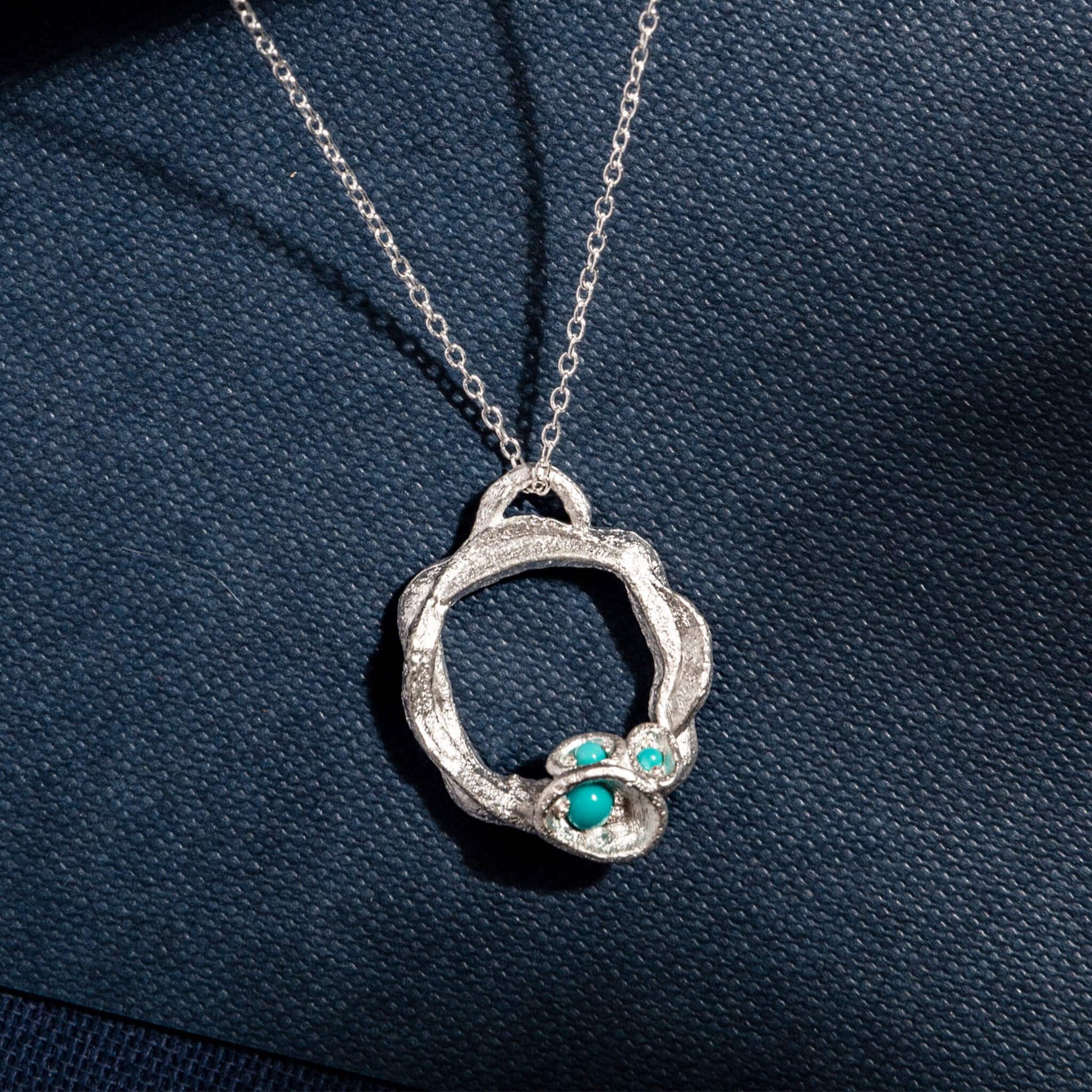 Turquoise and Silver Branch Birthstone Circle Necklace - Large