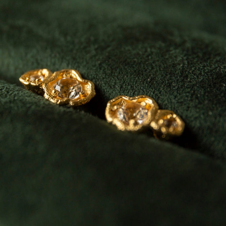 White Topaz Gold Double Lichen Statement Stud Earrings - close up