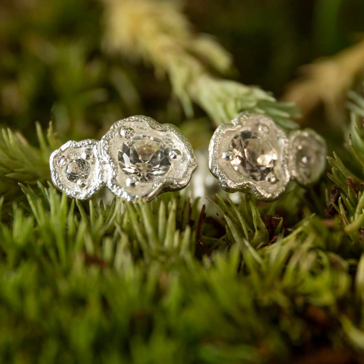  White Topaz Silver Double Lichen Stud Earrings