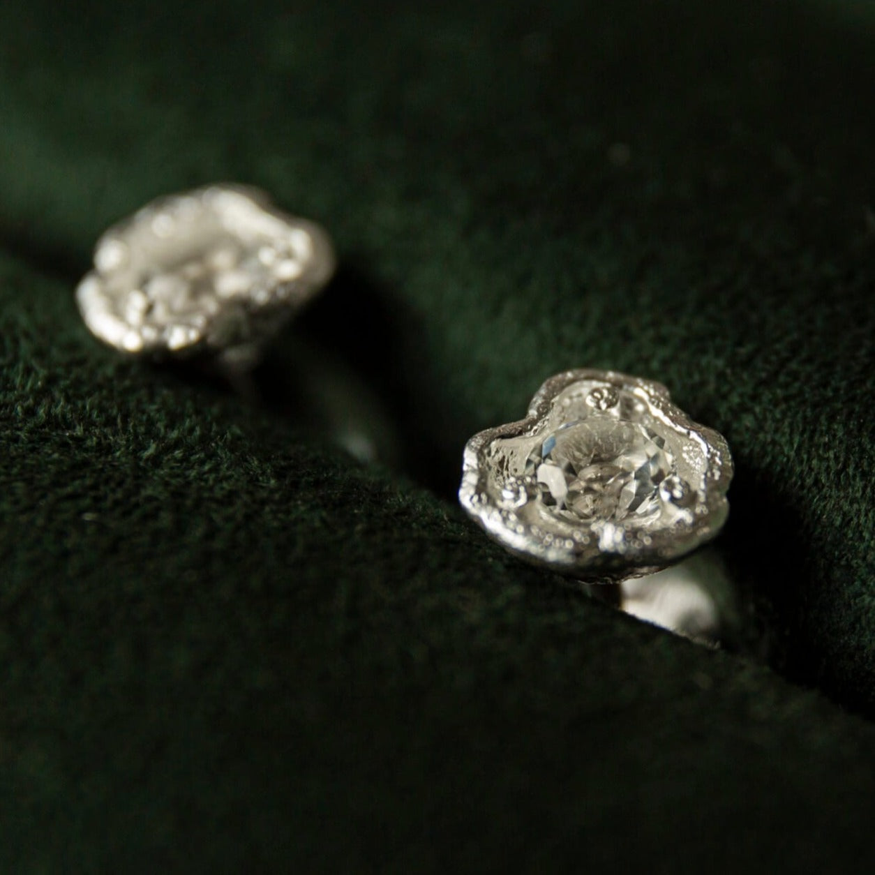 White Topaz Silver Lichen Statement Stud Earrings close up