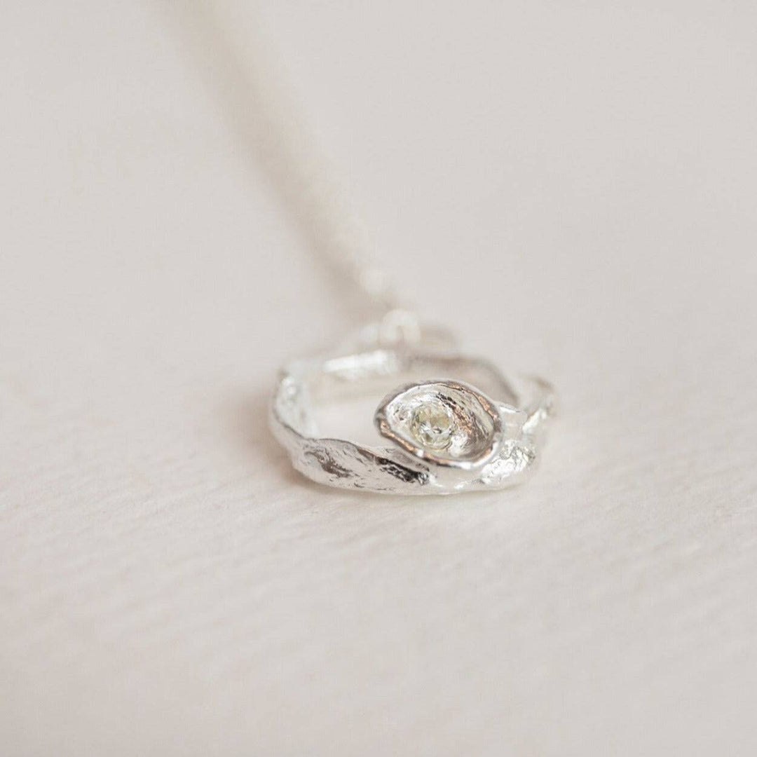 White Topaz and Silver Birthstone Branch Circle Necklace - Small - close up
