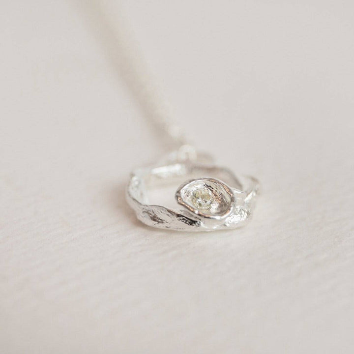 White Topaz and Silver Birthstone Branch Circle Necklace - Small - close up