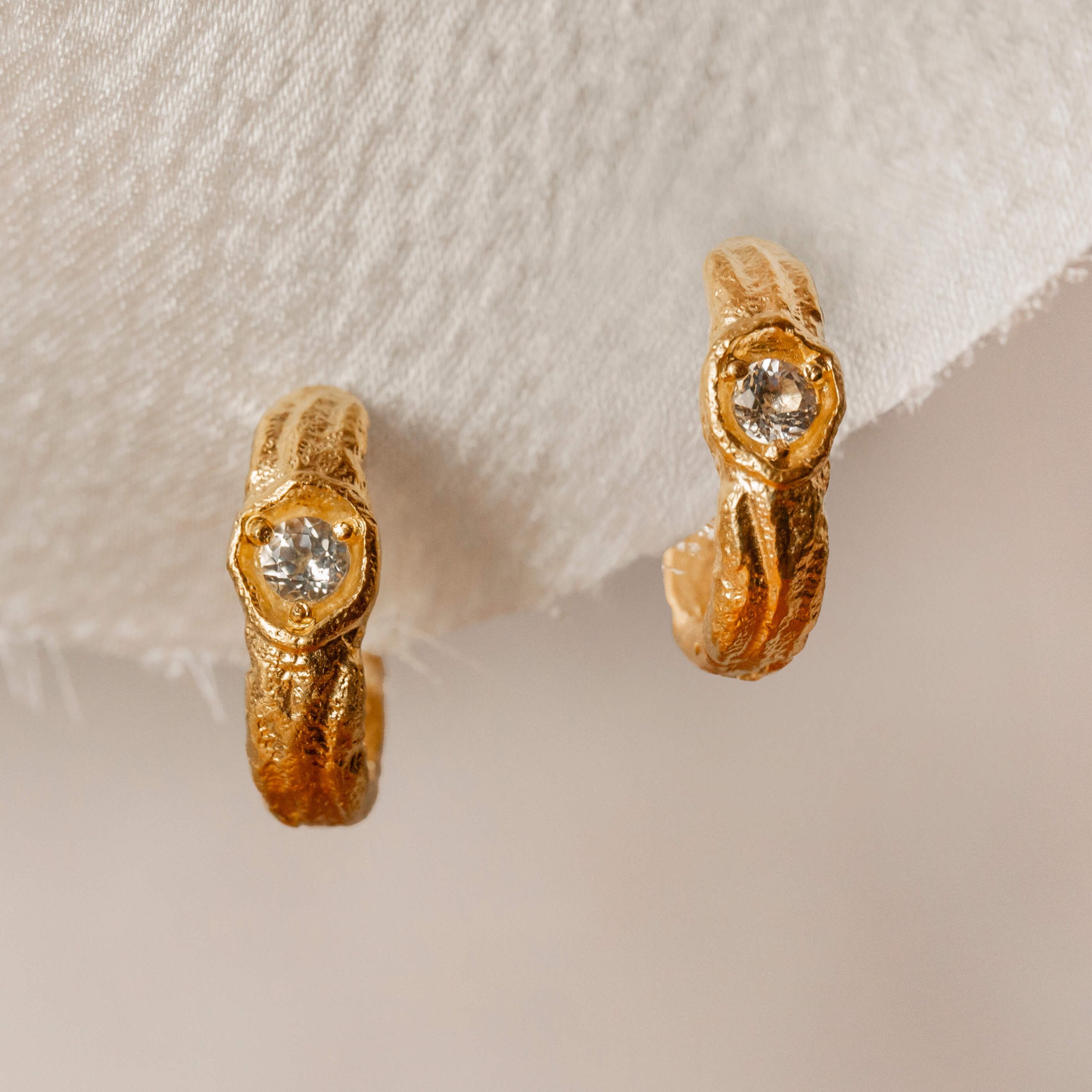 White Topaz Gold Branch Hoop Earrings