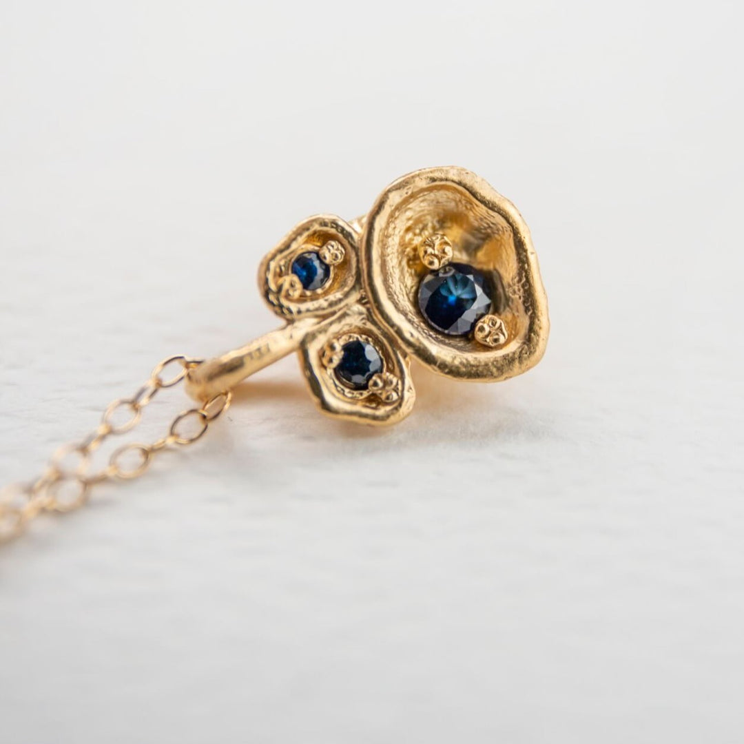 Blue Sapphire and Gold Vermeil Pendant Drop NecklaceBlue Sapphire and Gold Lichen Pendant Necklace